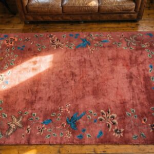 Coral Chinese Knotted Small Scatter Size - Art Deco Rectangle 1920s Antique Wool Rug (SKU 22592) - styled overhead view