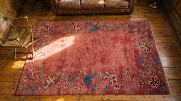Coral chinese knotted small scatter size - art deco rectangle 1920s antique wool rug (sku 22592) - styled overhead view