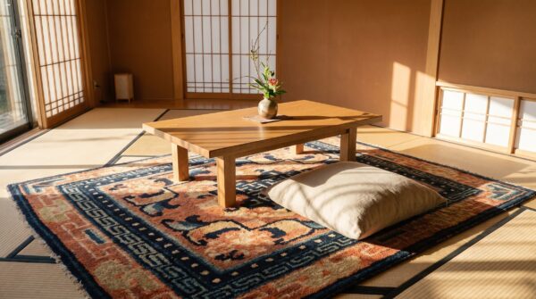 Antique coral chinese square ningxia geometric knotted rug 10 Antique coral chinese square ningxia geometric knotted rug (sku 25092) - room view