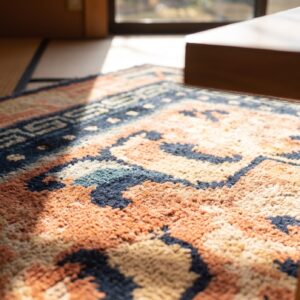 Antique Coral Chinese Square Ningxia Geometric Knotted Rug (SKU 25092) - in-room detail