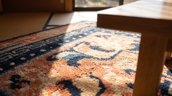 Antique coral chinese square ningxia geometric knotted rug 11 Antique coral chinese square ningxia geometric knotted rug (sku 25092) - in-room detail