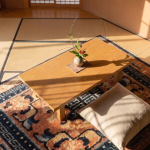 Antique Coral Chinese Square Ningxia Geometric Knotted Rug (SKU 25092) - styled overhead view
