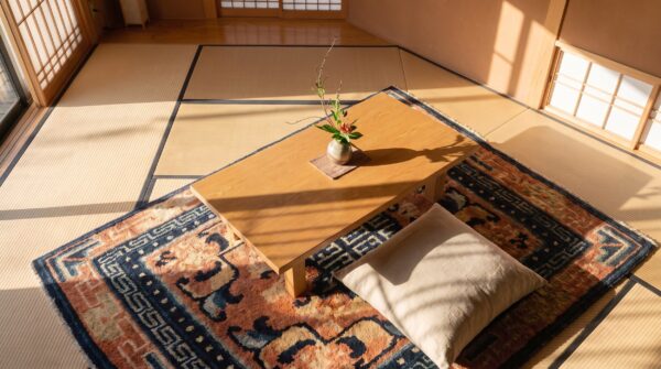 Antique coral chinese square ningxia geometric knotted rug 2 Antique coral chinese square ningxia geometric knotted rug (sku 25092) - styled overhead view
