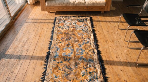 Coral antique cloud band chinese dragon koi fish design silk textile 2 Coral antique cloud band chinese dragon koi fish design silk textile (sku 22575) - styled overhead view