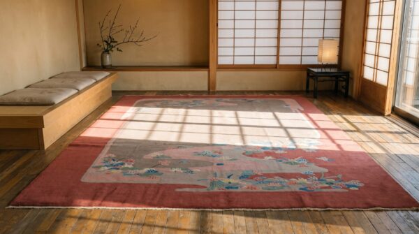 Coral color antique artistic floral pattern chinese deco wool rug 7 Coral color antique artistic floral pattern chinese deco wool rug (sku 23105) - room view
