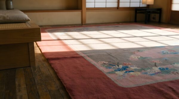 Coral color antique artistic floral pattern chinese deco wool rug 8 Coral color antique artistic floral pattern chinese deco wool rug (sku 23105) - in-room detail