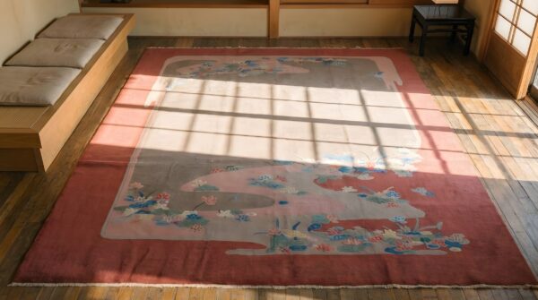 Coral color antique artistic floral pattern chinese deco wool rug 2 Coral color antique artistic floral pattern chinese deco wool rug (sku 23105) - styled overhead view