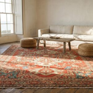 Coral Color Classic Geometric Heriz Design Medallion Antique Persian Serapi Rug (SKU 18878) - room view