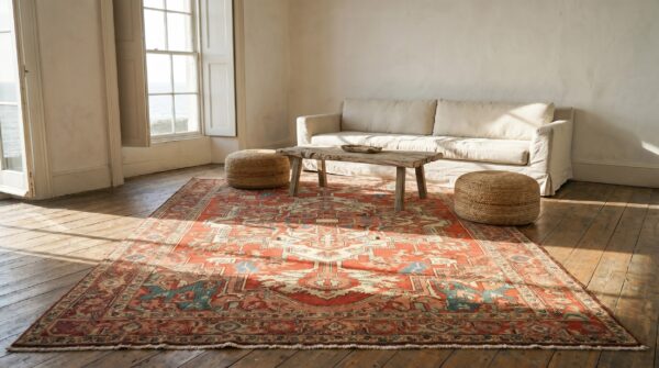 Coral color classic geometric heriz design medallion antique persian serapi rug 5 Coral color classic geometric heriz design medallion antique persian serapi rug (sku 18878) - room view