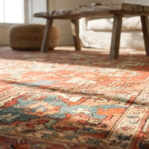 Coral Color Classic Geometric Heriz Design Medallion Antique Persian Serapi Rug (SKU 18878) - in-room detail