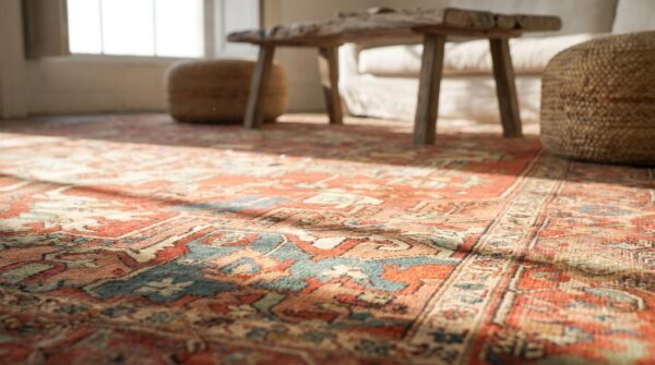 Coral color classic geometric heriz design medallion antique persian serapi rug 6 Coral color classic geometric heriz design medallion antique persian serapi rug (sku 18878) - in-room detail