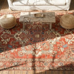 Coral Color Classic Geometric Heriz Design Medallion Antique Persian Serapi Rug (SKU 18878) - styled overhead view