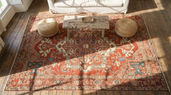 Coral color classic geometric heriz design medallion antique persian serapi rug 2 Coral color classic geometric heriz design medallion antique persian serapi rug (sku 18878) - styled overhead view