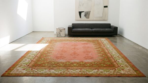Coral color room size antique irish donegal arts and crafts design rug 8 Coral color room size antique irish donegal arts and crafts design rug (sku 18505) - room view