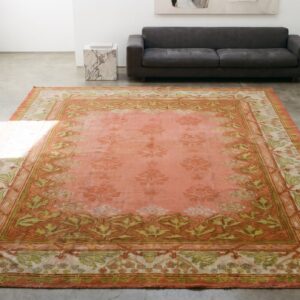 Coral Color Room Size Antique Irish Donegal Arts and Crafts Design Rug (SKU 18505) - styled overhead view