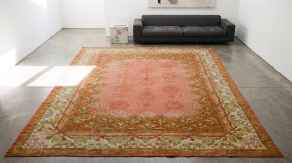 Coral color room size antique irish donegal arts and crafts design rug 2 Coral color room size antique irish donegal arts and crafts design rug (sku 18505) - styled overhead view