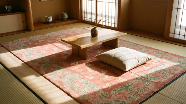 Antique coral donegal - arts & crafts ireland 1930s rug 9 Antique coral donegal - arts & crafts ireland 1930s rug (sku 25511) - room view