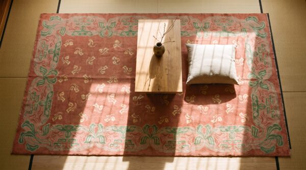 Antique coral donegal - arts & crafts ireland 1930s rug 2 Antique coral donegal - arts & crafts ireland 1930s rug (sku 25511) - styled overhead view