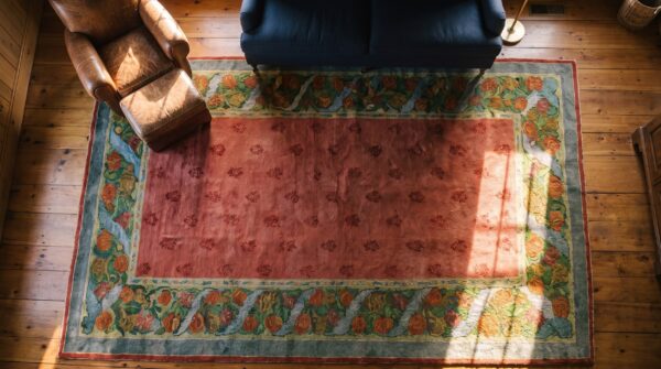 Antique coral donegal - arts & crafts large room size wool rug 2 Antique coral donegal - arts & crafts large room size wool rug (sku 25495) - styled overhead view