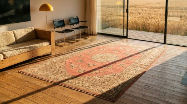 Antique coral east turkestan khotan wide gallery size wool rug 6 Antique coral east turkestan khotan wide gallery size wool rug (sku 19309) - room view