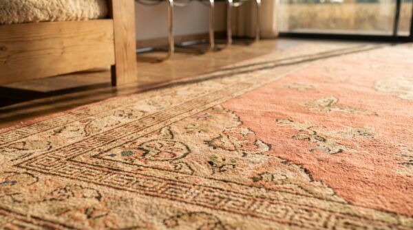 Antique coral east turkestan khotan wide gallery size wool rug 7 Antique coral east turkestan khotan wide gallery size wool rug (sku 19309) - in-room detail