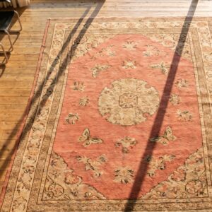Antique Coral East Turkestan Khotan Wide Gallery Size Wool Rug (SKU 19309) - styled overhead view