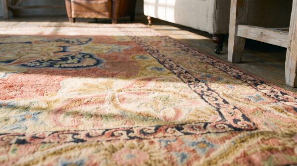 Coral european design antique american hooked area rug 8 Coral european design antique american hooked area rug (sku 19718) - in-room detail