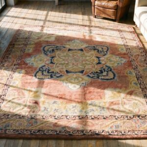 Coral European Design Antique American Hooked Area Rug (SKU 19718) - styled overhead view