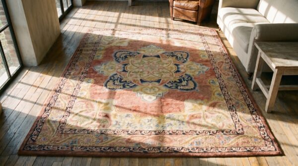 Coral european design antique american hooked area rug 2 Coral european design antique american hooked area rug (sku 19718) - styled overhead view