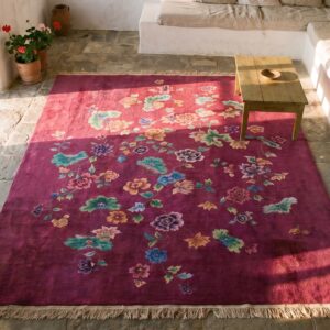 Coral Antique Floral Design Room Size Chinese Deco Rug (SKU 21771) - styled overhead view