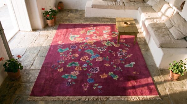 Coral antique floral design room size chinese deco rug 2 Coral antique floral design room size chinese deco rug (sku 21771) - styled overhead view