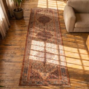 Antique Coral Floral Persian Malayer Hallway Runner Rug (SKU 20163) - styled overhead view