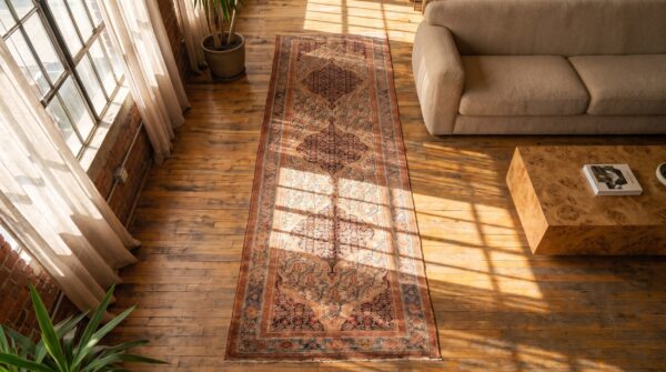 Antique coral floral persian malayer hallway runner rug 2 Antique coral floral persian malayer hallway runner rug (sku 20163) - styled overhead view