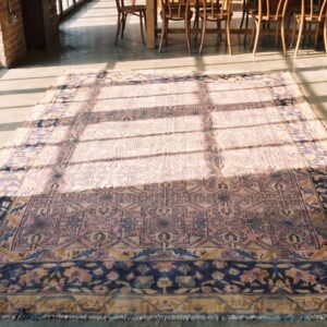 Coral Antique Geometric Design Indian Agra Area Rug (SKU 21359) - styled overhead view