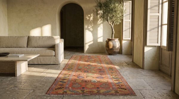 Antique coral geometric tribal paisley persian bakshaish hallway runner rug (sku 19353) - room view