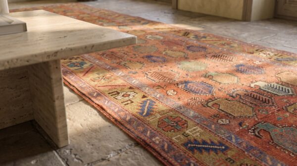 Antique coral geometric tribal paisley persian bakshaish hallway runner rug (sku 19353) - in-room detail
