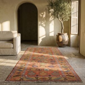 Antique Coral Geometric Tribal Paisley Persian Bakshaish Hallway Runner Rug (SKU 19353) - styled overhead view