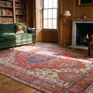 Antique Coral Heriz Serapi Persian Geometric Medallion Hand Knotted Wool Pile Rug (SKU 20932) - room view
