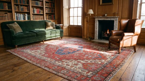 Antique coral heriz serapi persian geometric medallion hand knotted wool pile rug 6 Antique coral heriz serapi persian geometric medallion hand knotted wool pile rug (sku 20932) - room view