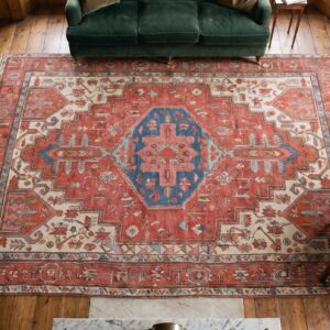 Antique Coral Heriz Serapi Persian Geometric Medallion Hand Knotted Wool Pile Rug (SKU 20932) - styled overhead view