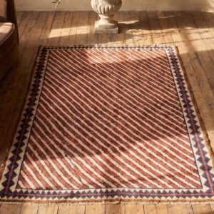Coral Ivory Antique Geometric Tribal Stripe Design Persian Gabbeh Small Scatter Size Rug (SKU 19179) - styled overhead view