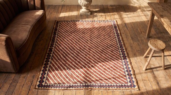 Coral ivory antique geometric tribal stripe design persian gabbeh small scatter size rug 2 Coral ivory antique geometric tribal stripe design persian gabbeh small scatter size rug (sku 19179) - styled overhead view