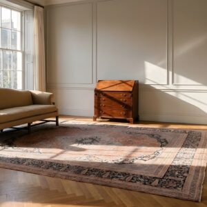 Antique Coral Kashan - Mohtasham Persian Floral, Medallion Knotted Rug (SKU 24068) - in-room detail