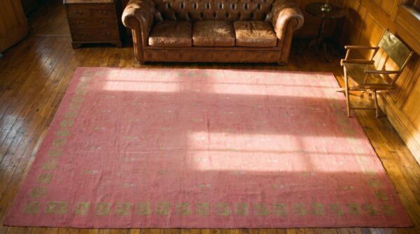Coral antique large donegal - arts & crafts english flat weave rug (sku 21189) - styled overhead view
