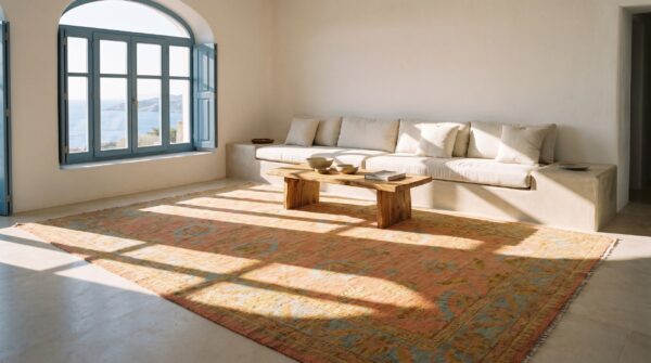 Coral antique large oushak turkish geometric knotted rug 9 Coral antique large oushak turkish geometric knotted rug (sku 24433) - room view