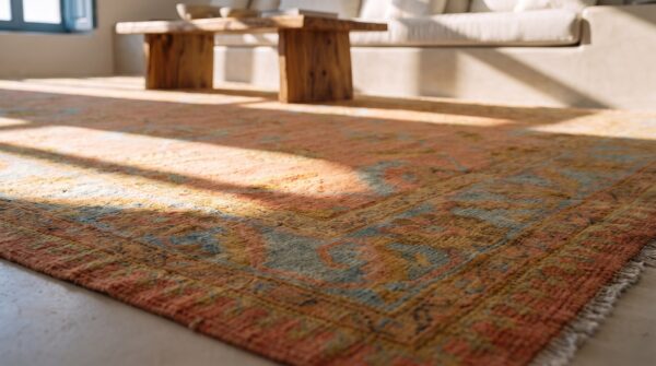 Coral antique large oushak turkish geometric knotted rug 10 Coral antique large oushak turkish geometric knotted rug (sku 24433) - in-room detail