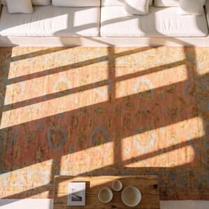 Coral Antique Large Oushak Turkish Geometric Knotted Rug (SKU 24433) - styled overhead view