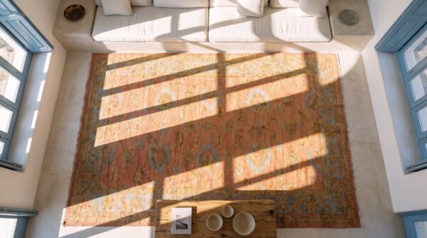 Coral antique large oushak turkish geometric knotted rug 2 Coral antique large oushak turkish geometric knotted rug (sku 24433) - styled overhead view