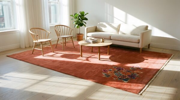 Antique coral large room size hand knotted wool chinese art deco rug (sku 2348) - room view