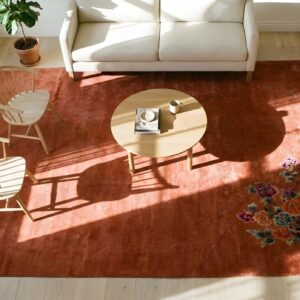 Antique Coral Large Room Size Hand Knotted Wool Chinese Art Deco Rug (SKU 2348) - styled overhead view